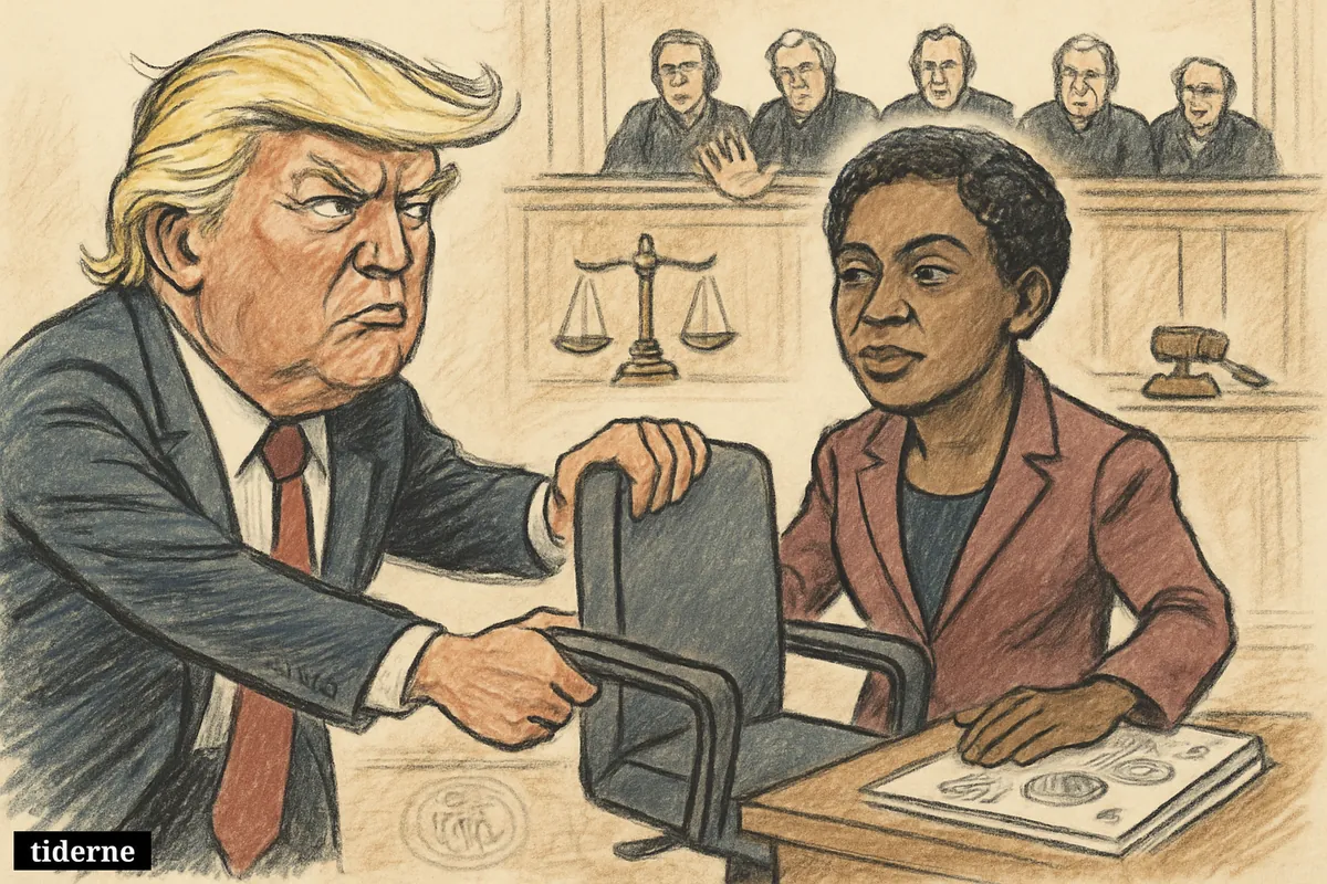 Trump angrily tries to pull away Lisa Cook’s chair in a courtroom while Supreme Court justices halt him from above.