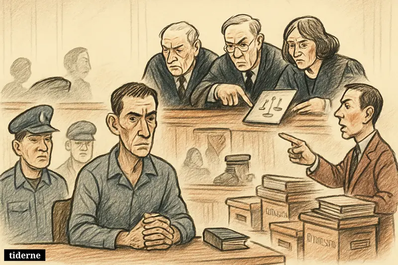 A worried defendant faces stern judges in a courtroom as a prosecutor argues over passport, scales, and legal files.