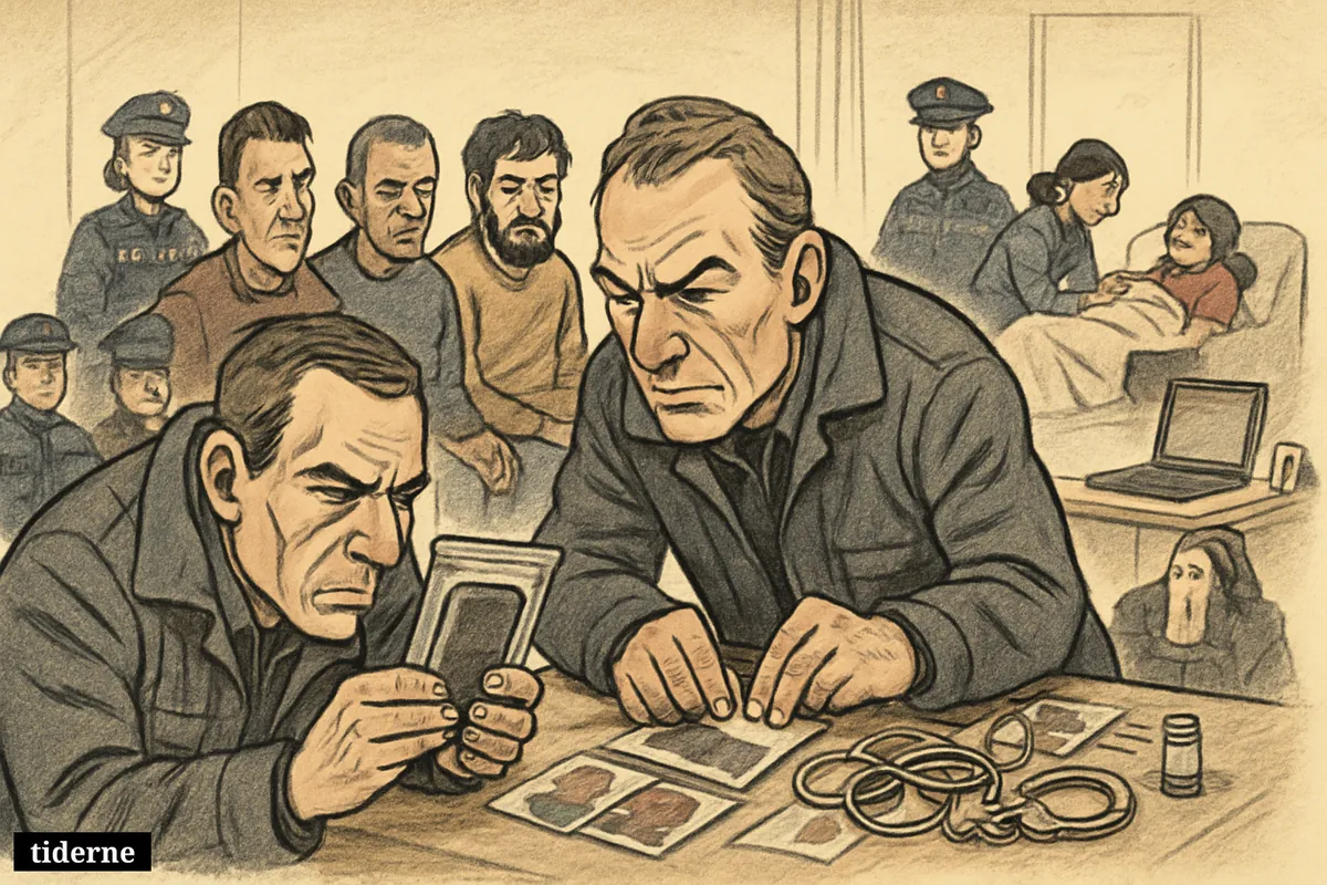 Dutch detectives investigate digital evidence while four detained men sit guarded nearby and a medic attends a drugged woman in an apartment.