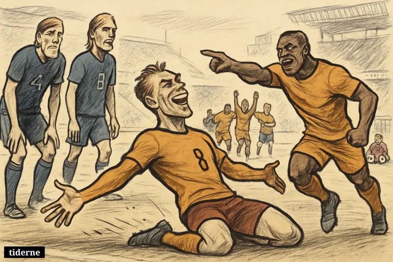 A jubilant Dutch football team celebrates a crushing win as disappointed Swedish players slump around the goal in a stadium.