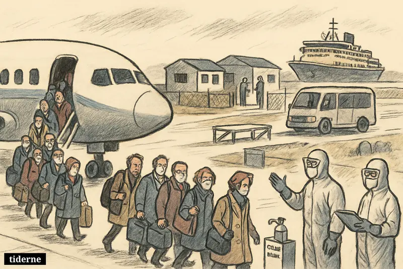 Passengers leave a charter plane under health supervision and are guided toward a quarantine facility, with a cruise ship visible in the distance.