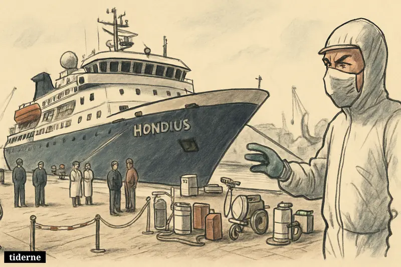 A quiet cruise ship in Rotterdam harbor is met by protective-suited health officials, quarantine equipment, and a controlled sanitation checkpoint on the dock.
