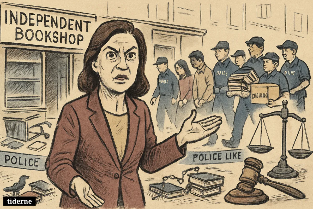 Sarah Brooks stands outside raided Hong Kong bookshops as police escort five detainees past scattered books and symbols of justice and repression. (AI-genereret illustration)