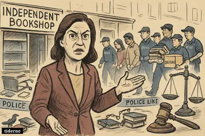 Sarah Brooks stands outside raided Hong Kong bookshops as police escort five detainees past scattered books and symbols of justice and repression. (AI-genereret illustration)