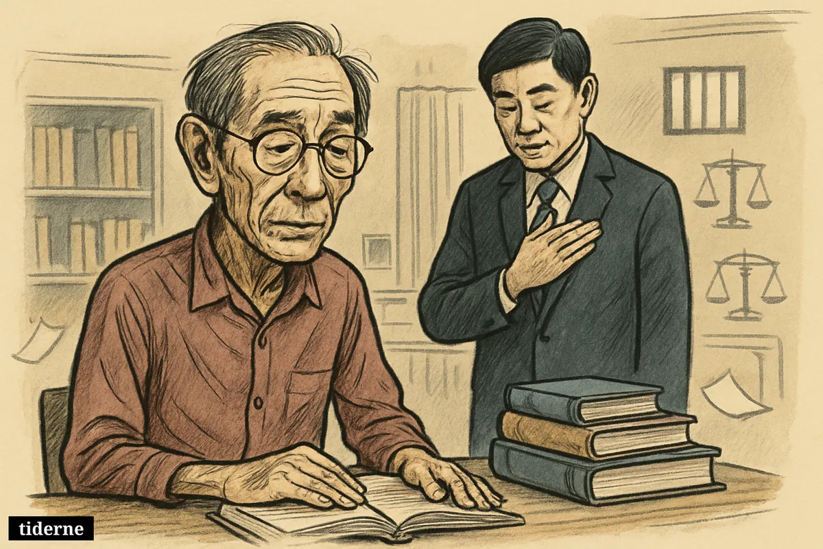 Caricature of Lam Wing-kee seated with books in a hospital-bookshop setting, while Lai Ching-te stands nearby in a solemn gesture of condolence.