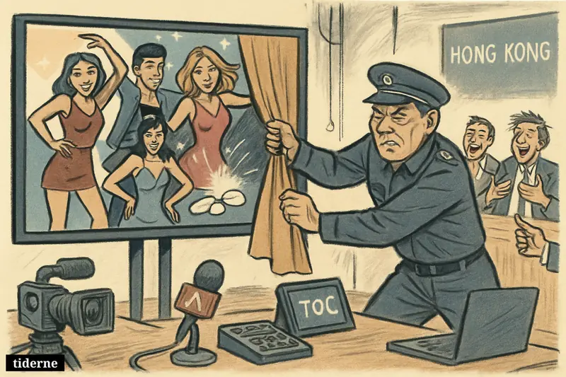 A prison official hurriedly covers an AI pop-style anti-drug video screen while amused media onlookers laugh and point in a Hong Kong briefing room.