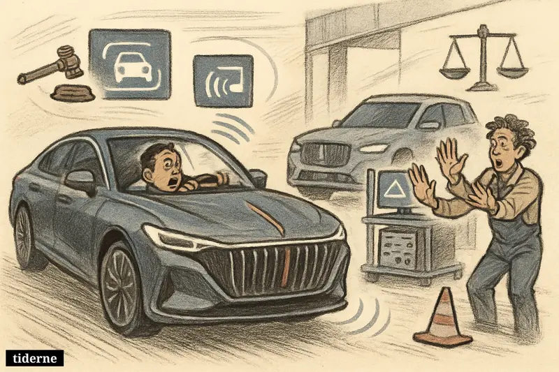 A Hongqi electric car suddenly braking on an empty road while a shocked driver lurches forward and a mechanic warns beside another Hongqi SUV.
