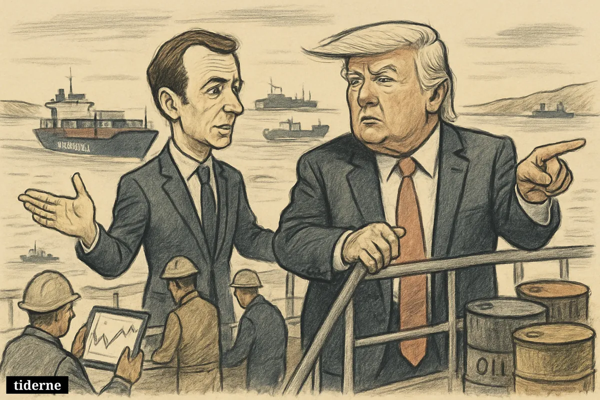 Macron and Trump caricatures stand on a tanker deck overlooking cautious ships entering a narrow strait amid oil and diplomatic tension.