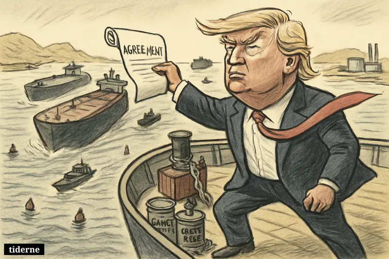 Donald Trump on an oil tanker in the Strait of Hormuz, holding a deal while tense tankers, patrol boats, and energy-risk symbols crowd the passage.