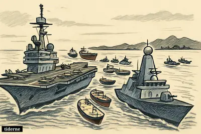 Two European warships escort oil tankers through the narrow Strait of Hormuz while Iranian patrol boats watch from across the water.