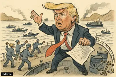 Donald Trump on a tanker in Hormuz looks alarmed as ships turn away and armed Iranian speedboats threaten the narrow shipping lane.