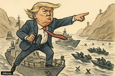 Donald Trump on a warship points into the Strait of Hormuz as Iranian speedboats surround the escorting US naval vessels.