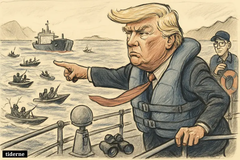 Caricature of Donald Trump on a naval escort ship as small Iranian attack boats swarm around an oil tanker in the Strait of Hormuz.
