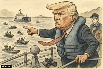 Caricature of Donald Trump on a naval escort ship as small Iranian attack boats swarm around an oil tanker in the Strait of Hormuz.
