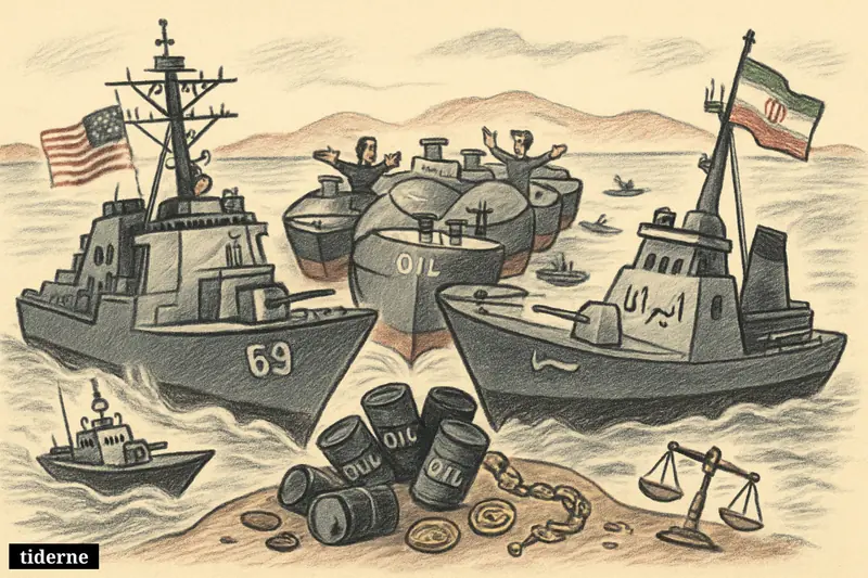 Caricature of a naval standoff in the Strait of Hormuz, with trapped oil tankers, warships, speedboats, and symbols of economic pressure.