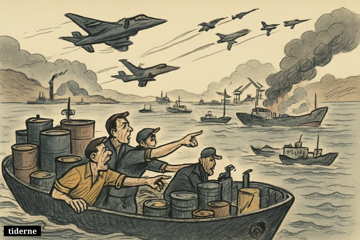 A crowded strait with oil tankers, warplanes, drifting damaged ship, missiles from shore, and visual hints of rising oil prices. (AI-genereret illustration)