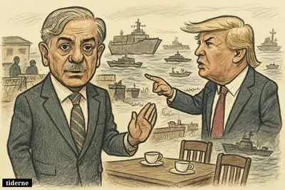 Shehbaz Sharif waits by an empty meeting table as Donald Trump turns toward crowded warships and cargo vessels in the Strait of Hormuz.