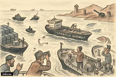 Caricature of oil tankers hesitating and turning around at the Strait of Hormuz as military patrol boats and a threatening shoreline create tension.