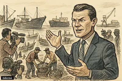 Pete Hegseth on a busy Bandar Abbas dock as fishermen unload catches and seized ships loom in the harbor behind him.