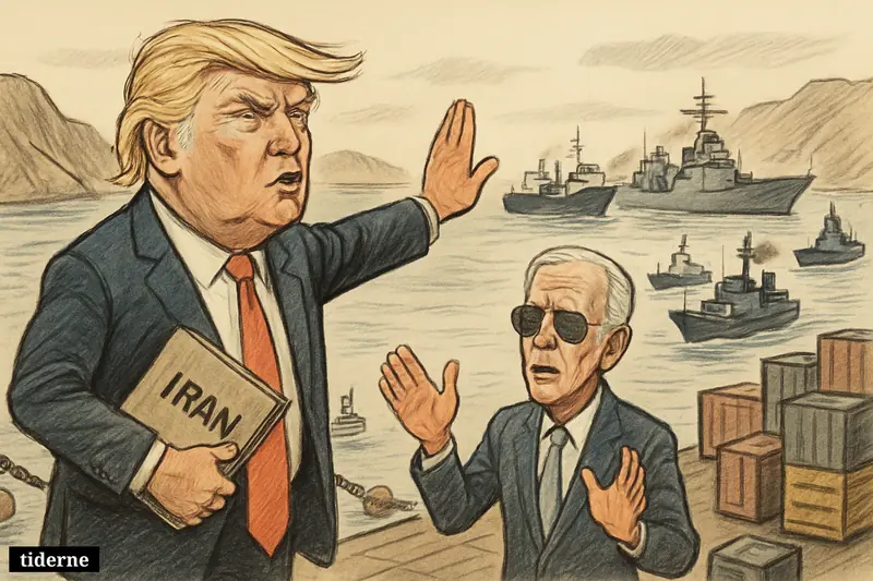 Trump halts naval escorts in Hormuz while Biden watches, with merchant ships, waiting warships, and blockade barriers in a tense sea passage.