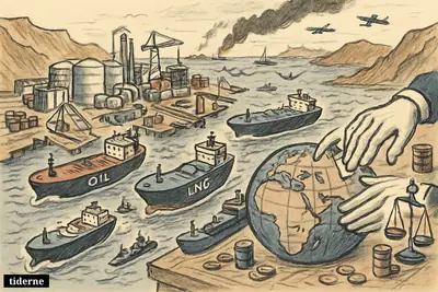 Caricature of crowded tankers rerouting from the Strait of Hormuz amid naval tension, oil terminals, and symbols of energy-market disruption.