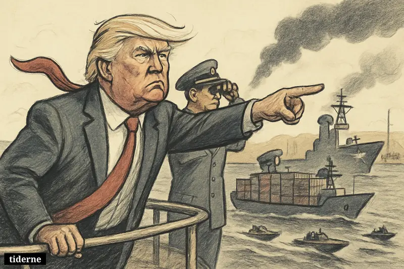 Caricature of Donald Trump on a container ship as a US naval escort guides it through Hormuz past speedboats and distant smoke.