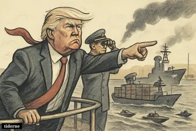 Caricature of Donald Trump on a container ship as a US naval escort guides it through Hormuz past speedboats and distant smoke.