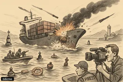 A damaged cargo ship in Hormuz Strait is struck by a missile as patrol boats and a television crew surround the chaotic scene.