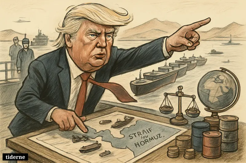 Caricature of Donald Trump on a warship directing a blockade at the Strait of Hormuz as oil tankers jam a narrow sea lane.