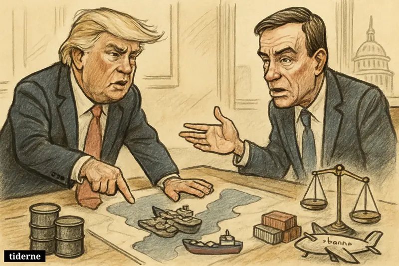 Trump and Senator Mark Warner argue over a blocked strait map covered with ships, oil barrels, tankers, and trade symbols in Washington.