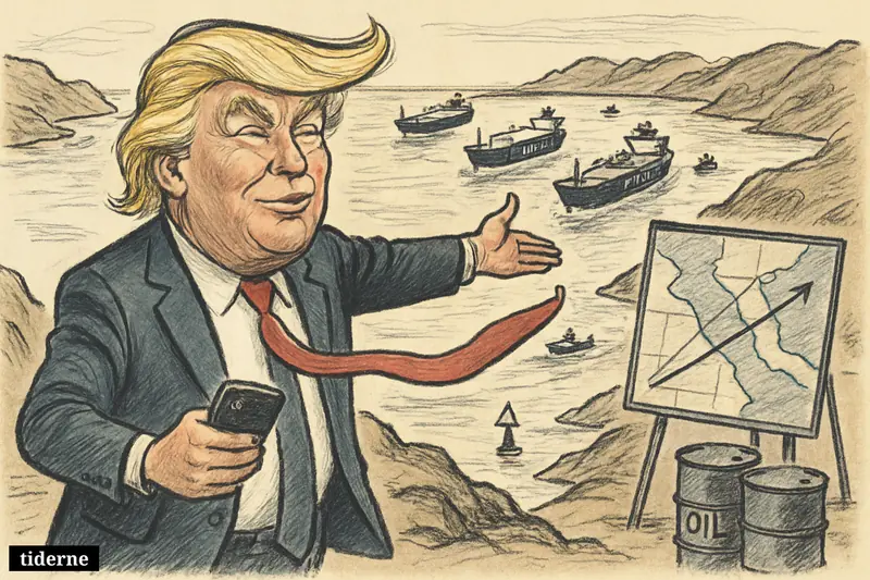 Donald Trump points from a shoreline overlook as oil tankers move through the southern route of the Strait of Hormuz.