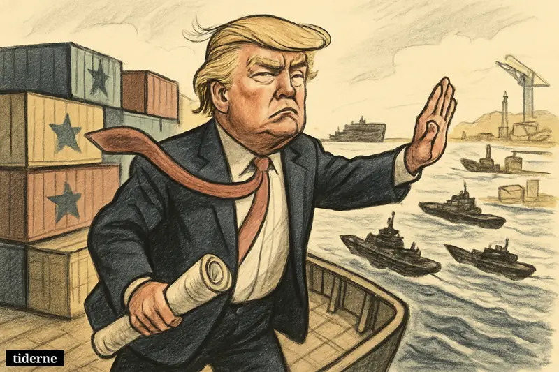 Caricature of Donald Trump on a container ship in the Strait of Hormuz, confronting tense shipping, tankers, and military boats.