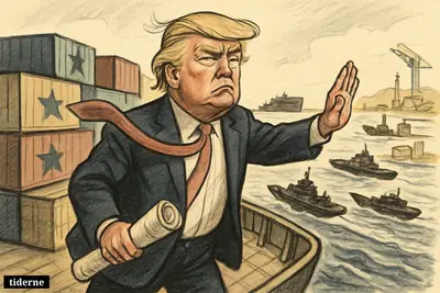 Caricature of Donald Trump on a container ship in the Strait of Hormuz, confronting tense shipping, tankers, and military boats.