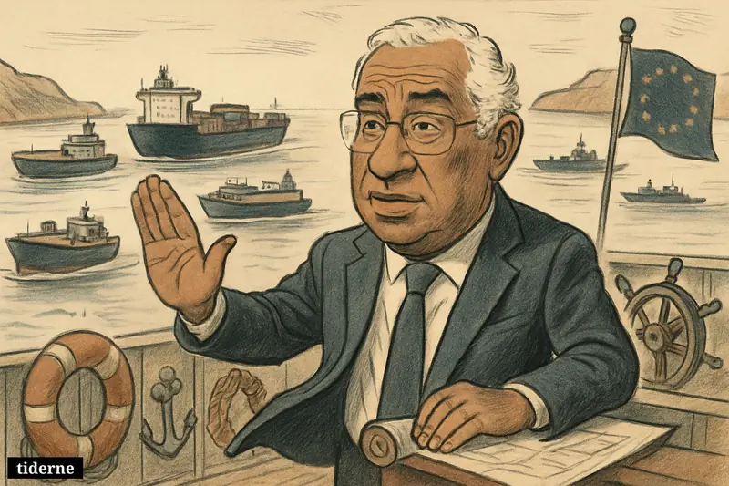 Caricature of António Costa on a cargo ship, calming tensions as commercial vessels pass through a narrow Middle Eastern strait.