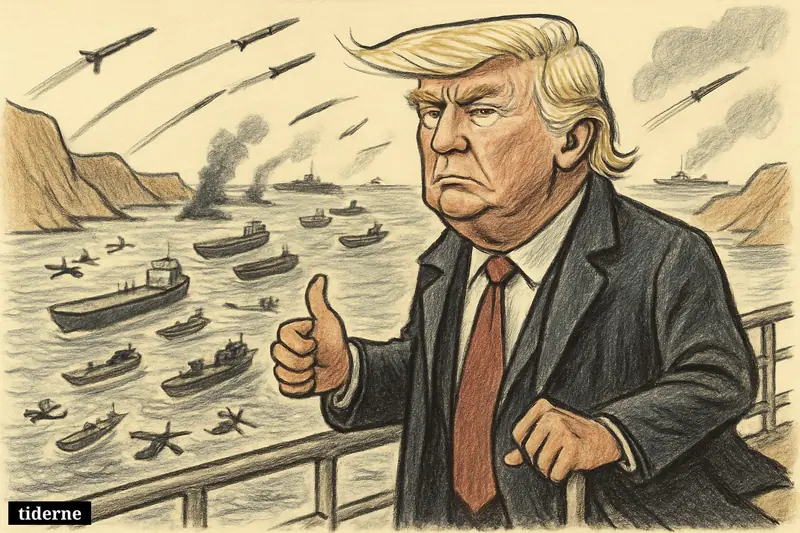 Donald Trump on a warship in the Strait of Hormuz as missiles, drones, tankers, and military boats crowd the tense waterway.