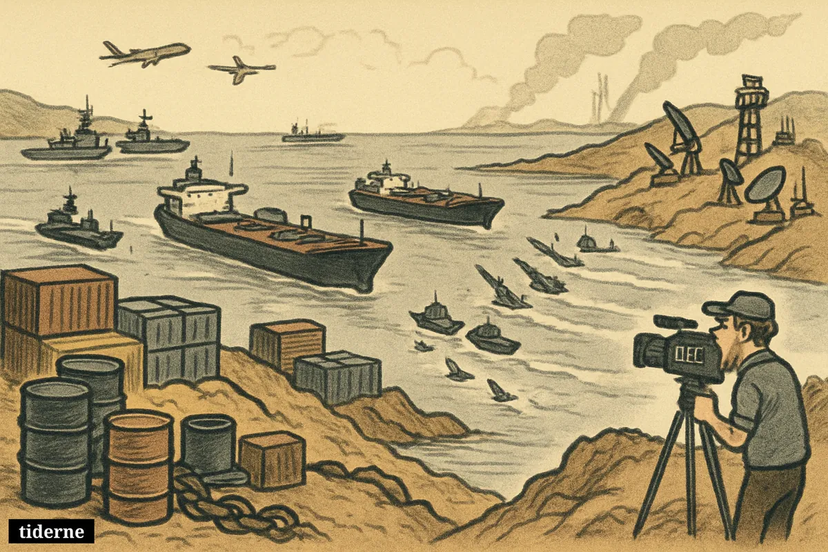 Caricature of the Strait of Hormuz packed with tankers, patrol boats, military forces, and a small news crew filming the tense maritime standoff.