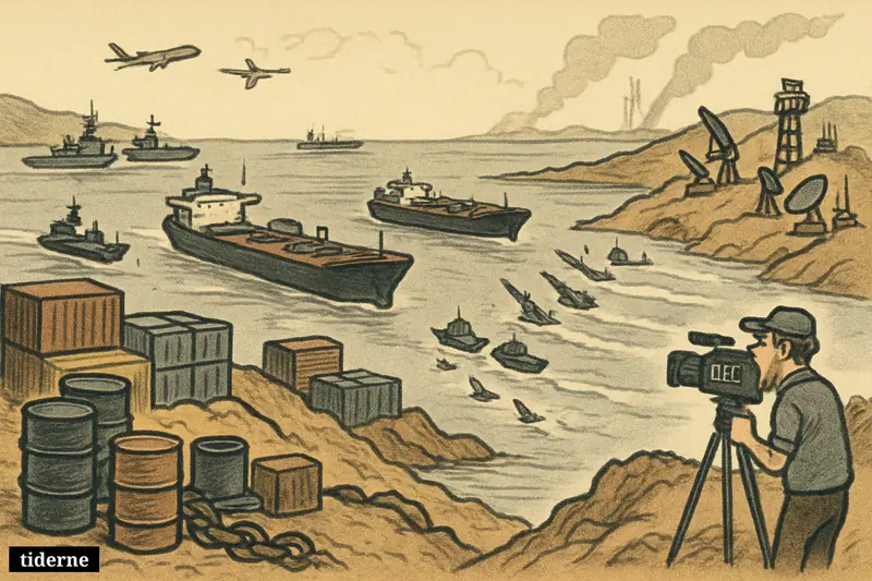 Caricature of the Strait of Hormuz packed with tankers, patrol boats, military forces, and a small news crew filming the tense maritime standoff.