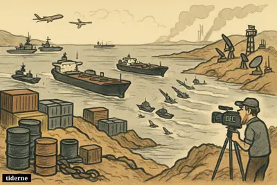 Caricature of the Strait of Hormuz packed with tankers, patrol boats, military forces, and a small news crew filming the tense maritime standoff.