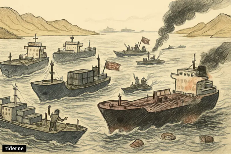 Commercial tankers halt in the Strait of Hormuz as Iranian patrol boats block the route and one damaged ship smokes nearby.
