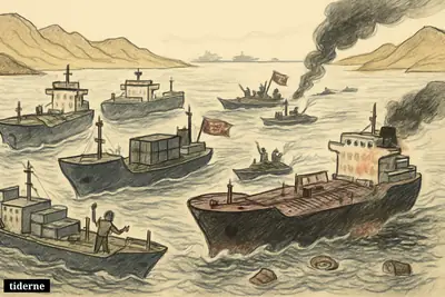 Commercial tankers halt in the Strait of Hormuz as Iranian patrol boats block the route and one damaged ship smokes nearby.