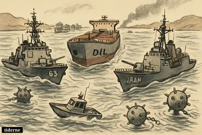 Warships from Iran and the United States confront each other in the Strait of Hormuz as an oil tanker passes through a dangerous bottleneck.