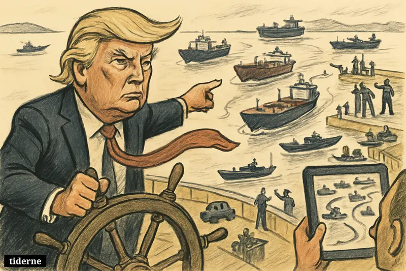 Caricature of Donald Trump on a tanker as multiple ships reverse course in the Strait of Hormuz under tense maritime control.