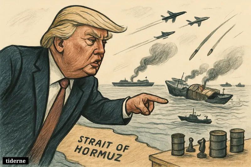 Donald Trump points beside the Strait of Hormuz as damaged tankers, passing cargo ships, jets, and small Iranian naval craft crowd the water.