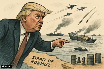 Donald Trump points beside the Strait of Hormuz as damaged tankers, passing cargo ships, jets, and small Iranian naval craft crowd the water.