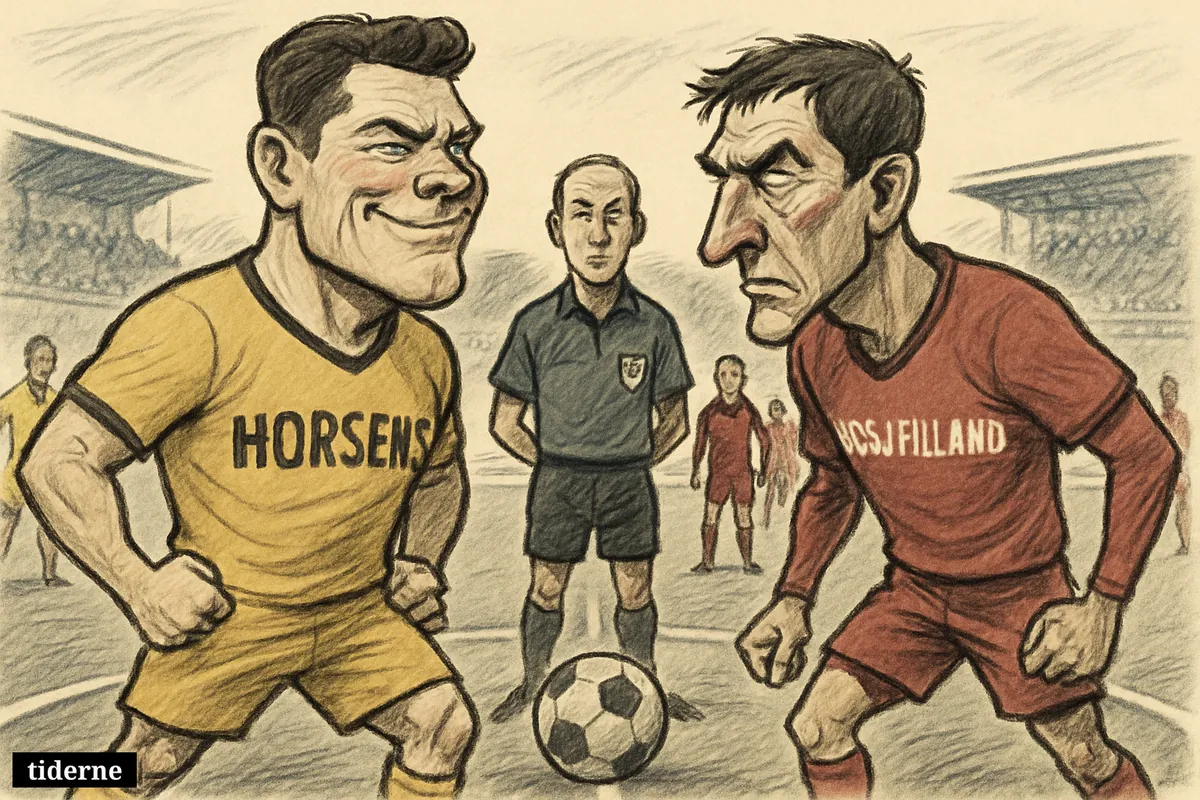 Two caricature footballers face off at midfield in a tense season-opening stadium match, with teammates forming up behind them. (AI-genereret illustration)