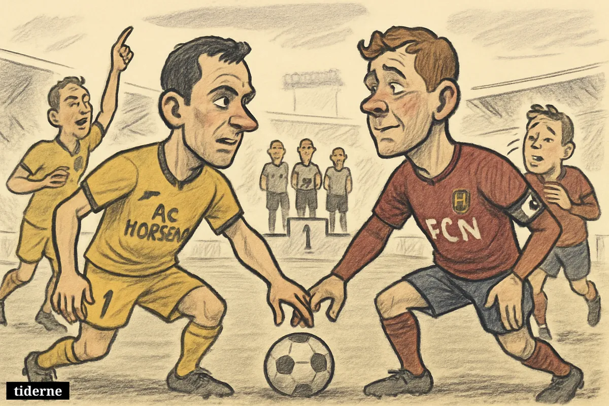Two caricature football captains from Horsens and Nordsjælland confront each other over a dead-stopped ball as teammates show cautious relief and resolve. (AI-genereret illustration)