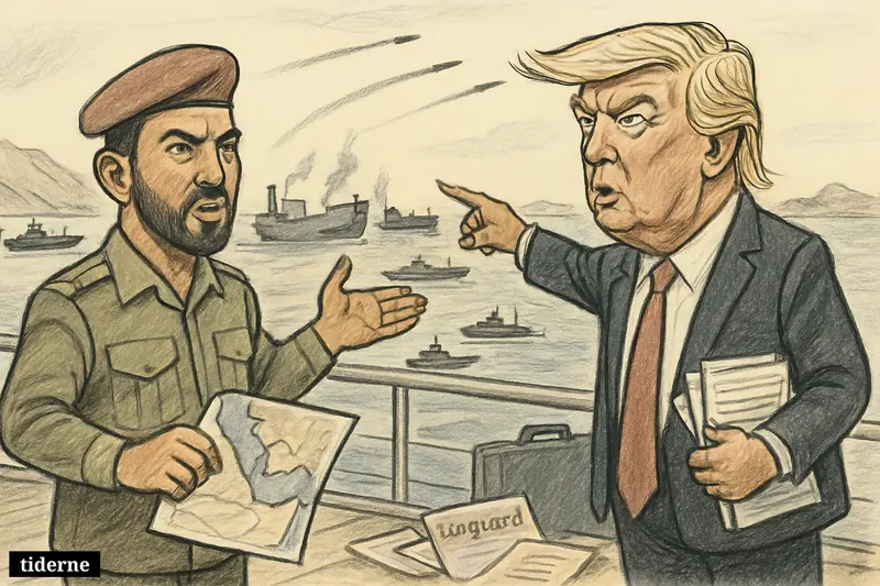 Caricatures of Yahya Saree and Donald Trump confront each other on an oil tanker deck as damaged tankers and missiles fill the Red Sea behind them. (AI-genereret illustration)