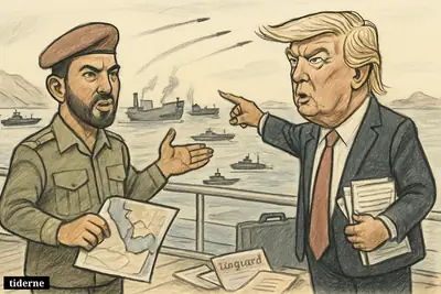 Caricatures of Yahya Saree and Donald Trump confront each other on an oil tanker deck as damaged tankers and missiles fill the Red Sea behind them. (AI-genereret illustration)