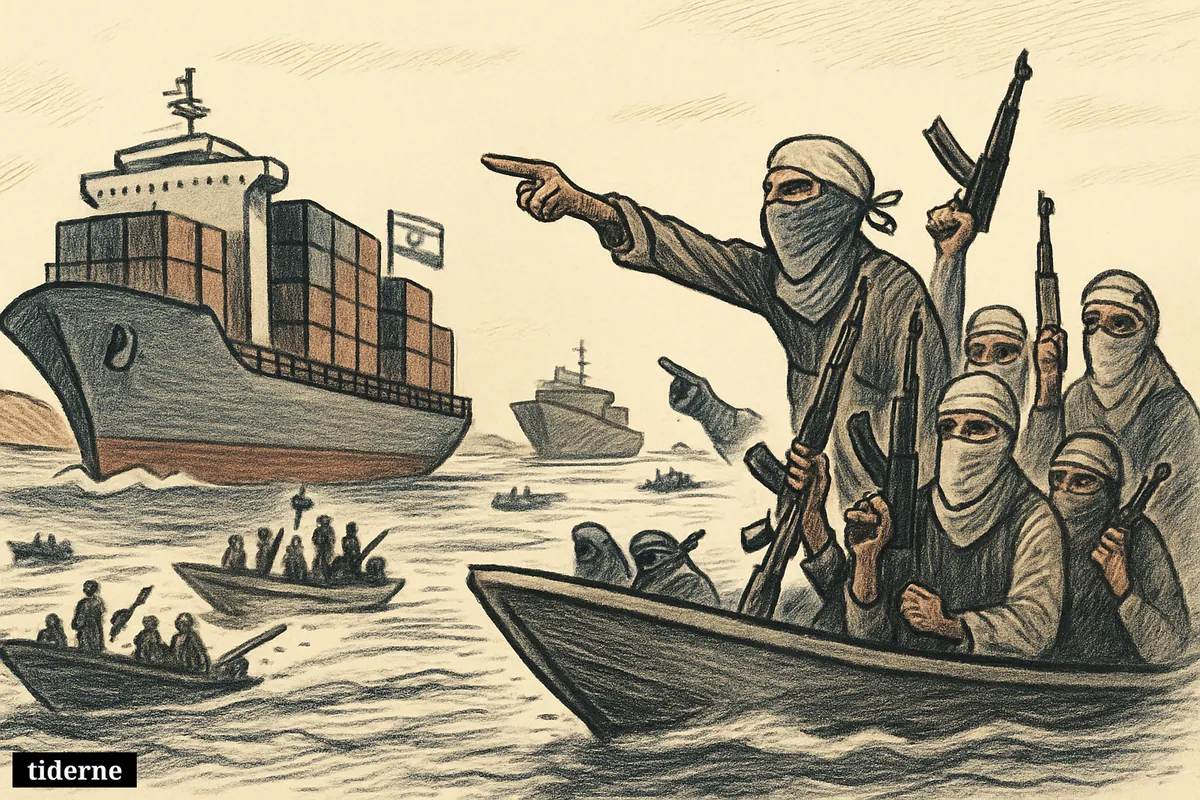 A cargo ship with an Israeli flag is confronted by armed Houthi speedboats in a narrow Red Sea shipping lane.