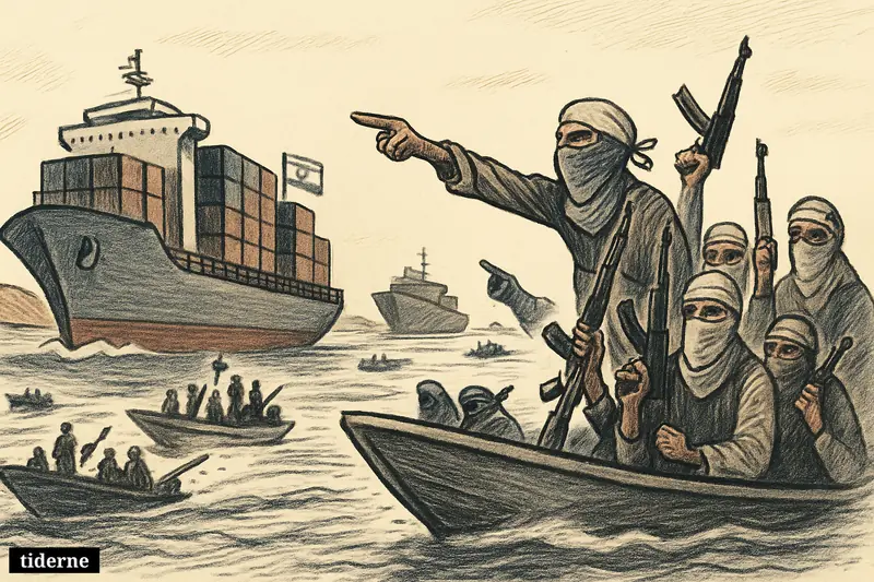 A cargo ship with an Israeli flag is confronted by armed Houthi speedboats in a narrow Red Sea shipping lane.